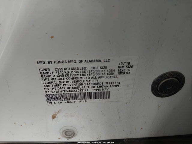 5FNYF5H30KB013171 Honda Pilot Ex