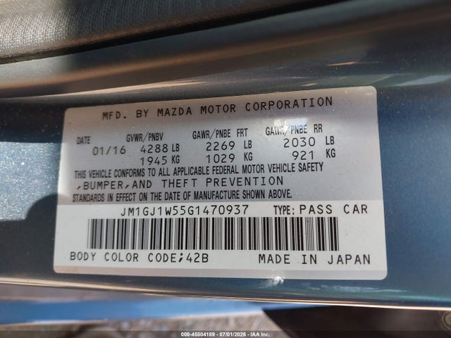 45504189 :رقم المزاد ، JM1GJ1W55G1470937 vin ، 2016 Mazda Mazda6 I Grand Touring مزاد بيع