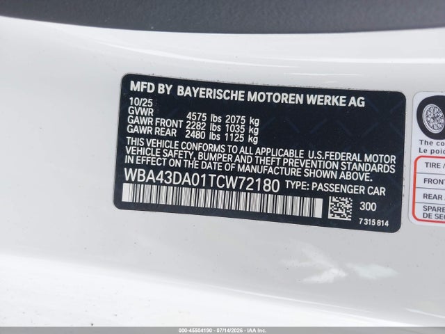 45504190 :رقم المزاد ، WBA43DA01TCW72180 vin ، 2026 Bmw 430i مزاد بيع