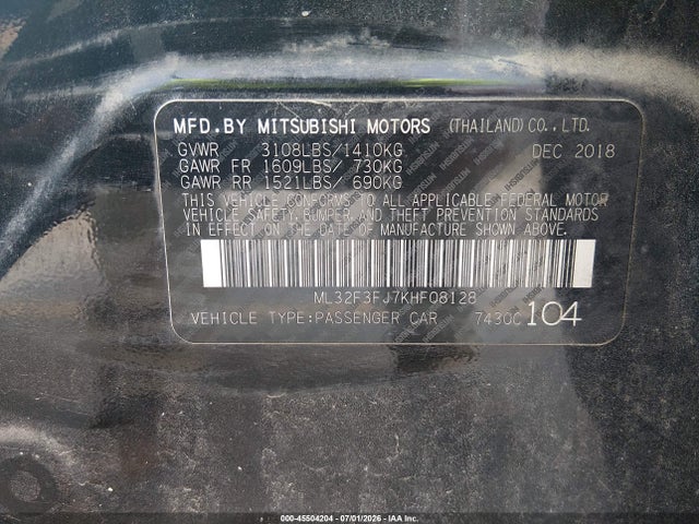 2019 Mitsubishi Mirage G4 Es/rf მანქანა იყიდება აუქციონზე, vin: ML32F3FJ7KHF08128, აუქციონის ნომერი: 45504204