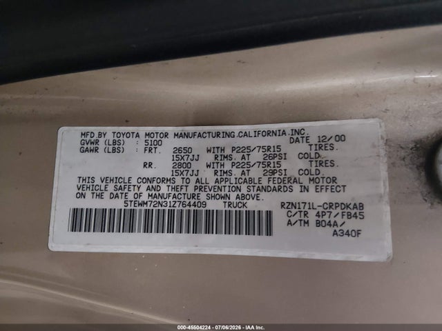 Aukcja sprzedaży 2001 Toyota Tacoma, vin: 5TEWM72N31Z764409, numer aukcji: 45504224