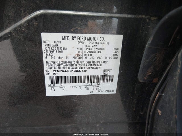 45504229 :رقم المزاد ، 2FMPK4J96KBB23439 vin ، 2019 Ford Edge Sel مزاد بيع