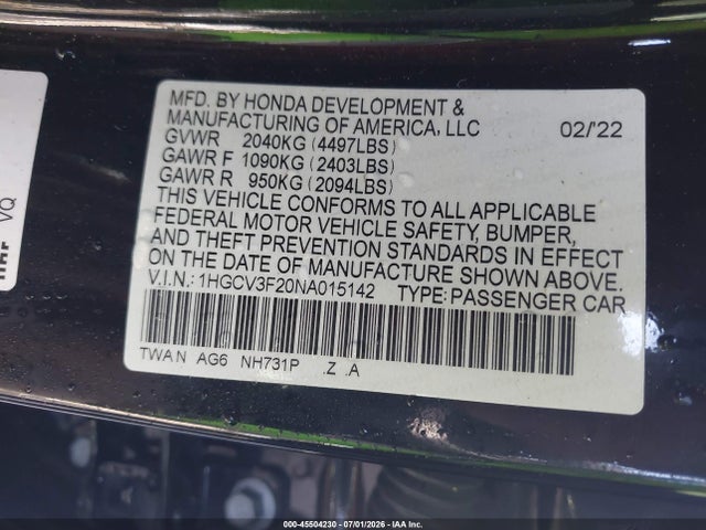1HGCV3F20NA015142 Honda Accord Hybrid Sport