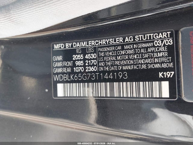Aukcja sprzedaży 2003 Mercedes-benz Clk 320, vin: WDBLK65G73T144193, numer aukcji: 45504232