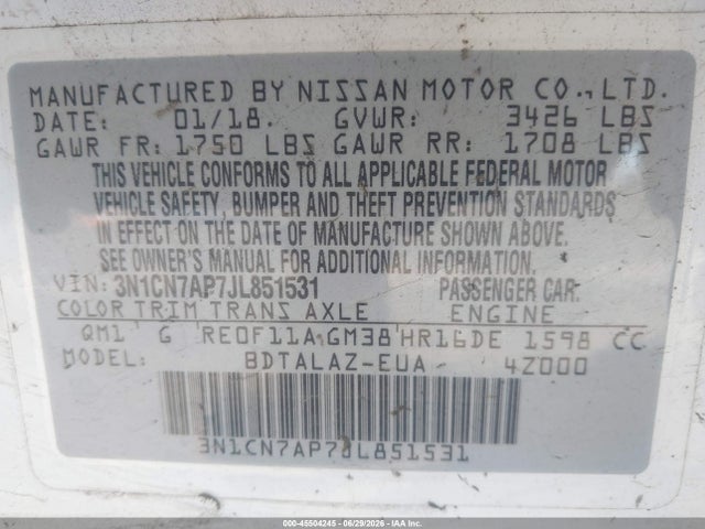 3N1CN7AP7JL851531 Nissan Versa 1.6 S+