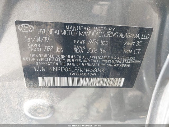 2019 Hyundai Elantra Sel მანქანა იყიდება აუქციონზე, vin: 5NPD84LF7KH458044, აუქციონის ნომერი: 45504252