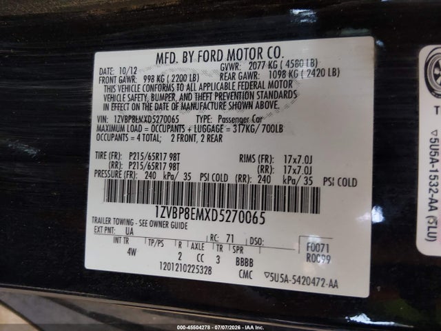 2013 Ford Mustang მანქანა იყიდება აუქციონზე, vin: 1ZVBP8EMXD5270065, აუქციონის ნომერი: 45504278