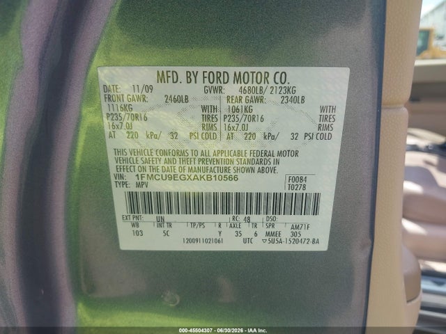 Aukcja sprzedaży 2010 Ford Escape Limited, vin: 1FMCU9EGXAKB10566, numer aukcji: 45504307