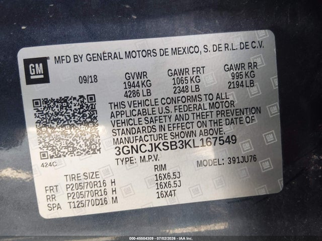 Продажа на аукционе авто 2019 Chevrolet Trax Ls, vin: 3GNCJKSB3KL167549, номер лота: 45504309