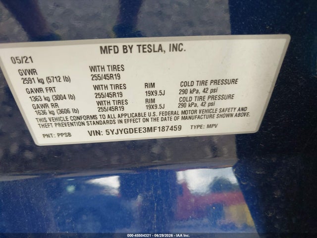 Продажа на аукционе авто 2021 Tesla Model Y Long Range Dual Motor All-wheel Drive, vin: 5YJYGDEE3MF187459, номер лота: 45504321