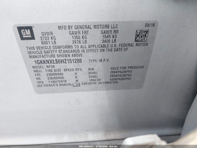 2017 Gmc Acadia Denali მანქანა იყიდება აუქციონზე, vin: 1GKKNXLS6HZ151288, აუქციონის ნომერი: 45504337