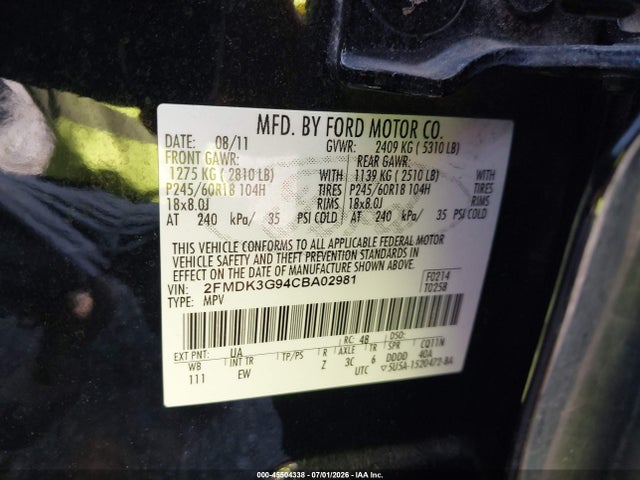 45504338 :رقم المزاد ، 2FMDK3G94CBA02981 vin ، 2012 Ford Edge Se مزاد بيع