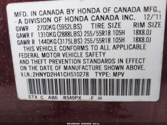 45504356 :رقم المزاد ، 2HNYD2H41CH510278 vin ، 2012 Acura Mdx Technology Package مزاد بيع
