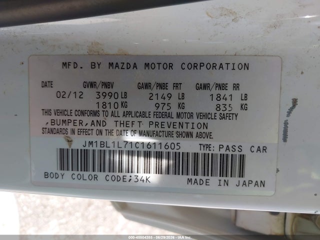 45504385 :رقم المزاد ، JM1BL1L71C1611605 vin ، 2012 Mazda Mazda3 I Touring مزاد بيع