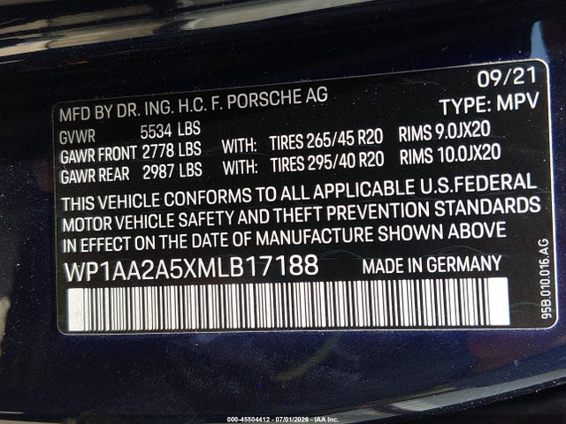 Aukcja sprzedaży 2021 Porsche Macan, vin: WP1AA2A5XMLB17188, numer aukcji: 45504412
