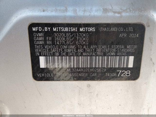 45504433 :رقم المزاد ، ML32A4HJ2EH025679 vin ، 2014 Mitsubishi Mirage Es مزاد بيع