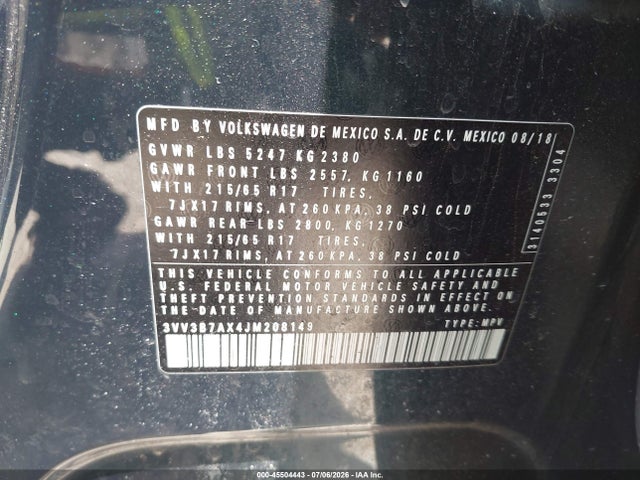 2018 Volkswagen Tiguan 2.0t Se/2.0t Sel მანქანა იყიდება აუქციონზე, vin: 3VV3B7AX4JM208149, აუქციონის ნომერი: 45504443