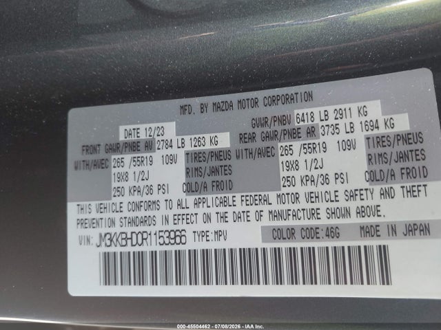 Aukcja sprzedaży 2024 Mazda Cx-90 3.3 Turbo Preferred, vin: JM3KKBHD0R1153966, numer aukcji: 45504462