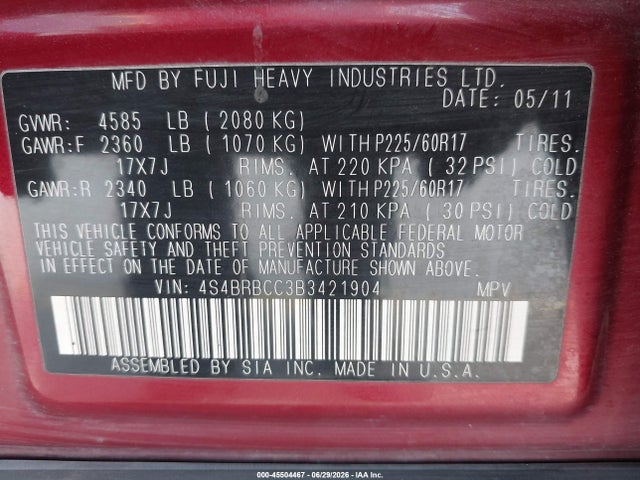 2011 Subaru Outback 2.5i Premium მანქანა იყიდება აუქციონზე, vin: 4S4BRBCC3B3421904, აუქციონის ნომერი: 45504467