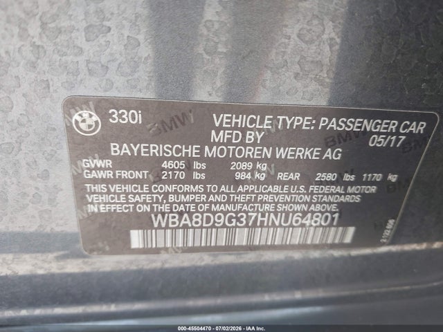 45504470 :رقم المزاد ، WBA8D9G37HNU64801 vin ، 2017 Bmw 330i Xdrive مزاد بيع