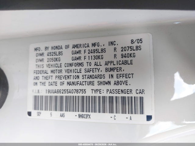 Продажа на аукционе авто 2005 Acura Tl, vin: 19UUA66255A078755, номер лота: 45504478