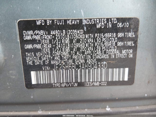 Продаж на аукціоні авто 2010 Subaru Forester 2.5x, vin: JF2SH6BC3AH904330, номер лоту: 45504480