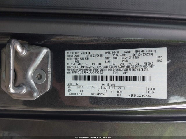 Продаж на аукціоні авто 2018 Ford Escape Titanium, vin: 1FMCU9J9XJUC43582, номер лоту: 45504485