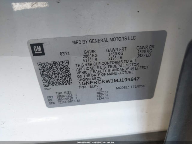 1GNERGKW1MJ199847 Chevrolet Traverse Fwd Lt Cloth