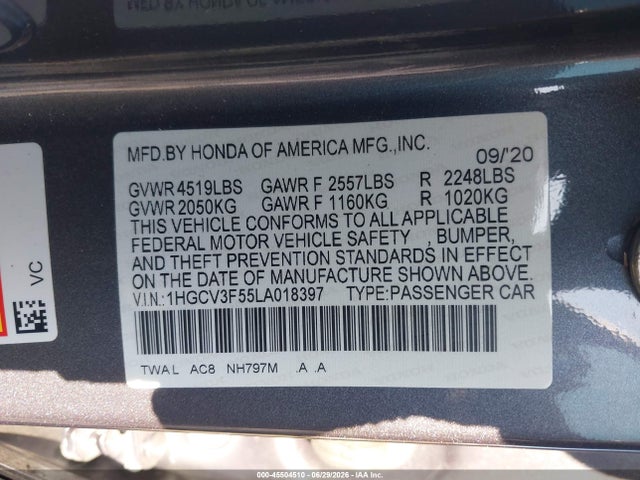 1HGCV3F55LA018397 Honda Accord Hybrid Ex-l