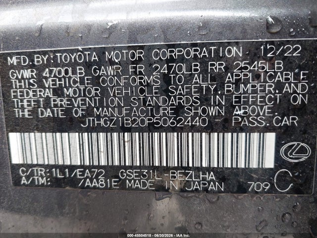 45504518 :رقم المزاد ، JTHGZ1B20P5062440 vin ، 2023 Lexus Is 350 F Sport مزاد بيع