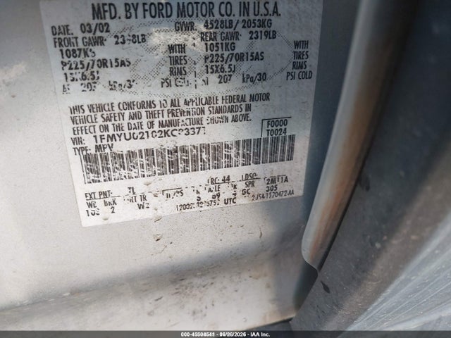 45504541 :رقم المزاد ، 1FMYU02102KC83371 vin ، 2002 Ford Escape Xls مزاد بيع