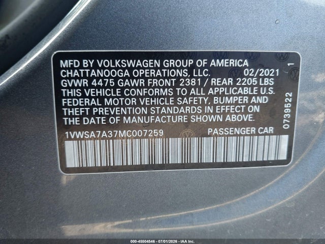 2021 Volkswagen Passat 2.0t Se მანქანა იყიდება აუქციონზე, vin: 1VWSA7A37MC007259, აუქციონის ნომერი: 45504546