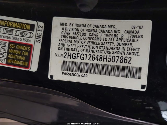 Продажа на аукционе авто 2008 Honda Civic Lx, vin: 2HGFG12648H507862, номер лота: 45504560