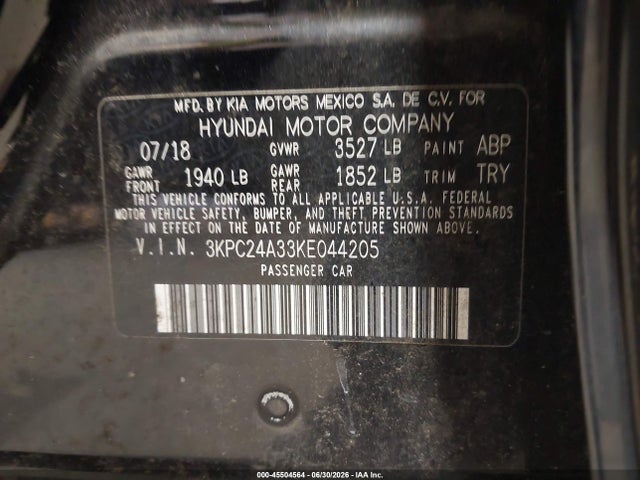 2019 Hyundai Accent Sel მანქანა იყიდება აუქციონზე, vin: 3KPC24A33KE044205, აუქციონის ნომერი: 45504564