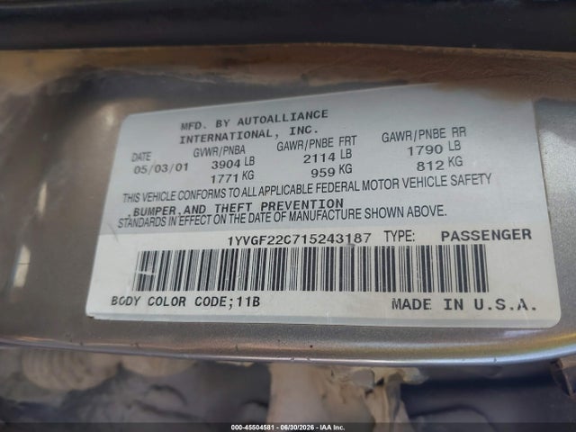 45504581 :رقم المزاد ، 1YVGF22C715243187 vin ، 2001 Mazda 626 Es/lx مزاد بيع