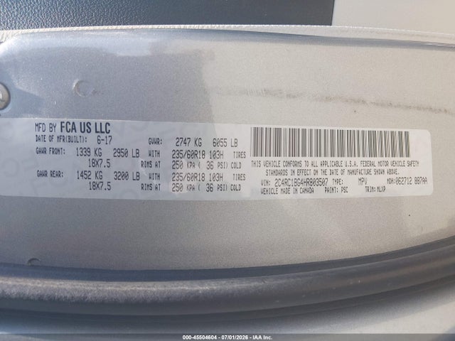 45504604 :رقم المزاد ، 2C4RC1BG4HR803507 vin ، 2017 Chrysler Pacifica Touring-l مزاد بيع