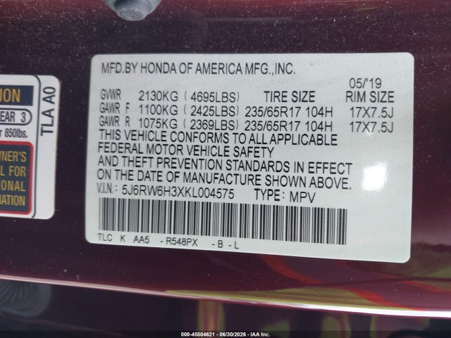 Honda CR-V LX 2019 5J6RW6H3XKL004575 Image 9
