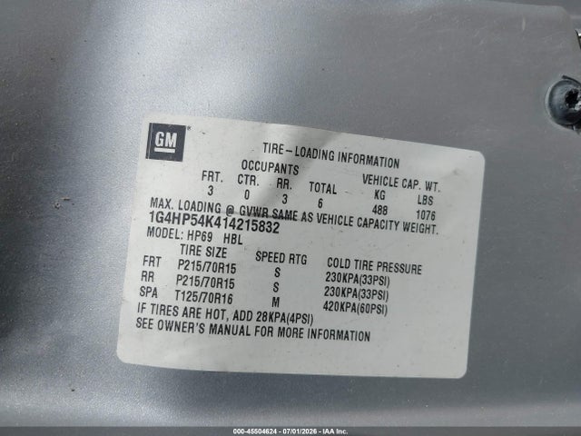 Aukcja sprzedaży 2001 Buick Lesabre Custom, vin: 1G4HP54K414215832, numer aukcji: 45504624