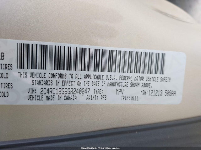 45504645 :رقم المزاد ، 2C4RC1BG6GR240247 vin ، 2016 Chrysler Town & Country Touring مزاد بيع
