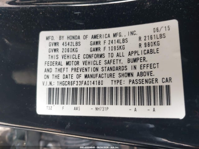 Aukcja sprzedaży 2015 Honda Accord Hybrid, vin: 1HGCR6F33FA014180, numer aukcji: 45504646