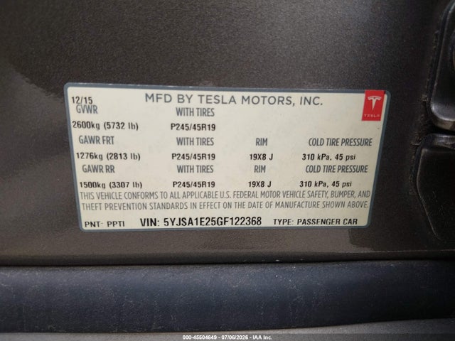 Aukcja sprzedaży 2016 Tesla Model S 60d/70d/75d/85d/90d, vin: 5YJSA1E25GF122368, numer aukcji: 45504649