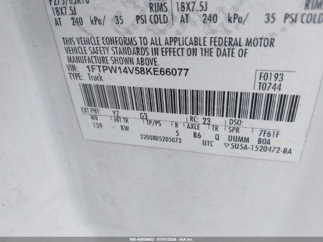 45504652 :رقم المزاد ، 1FTPW14V58KE66077 vin ، 2008 Ford F-150 60th Anniversary/fx4/king Ranch/lariat/xlt مزاد بيع