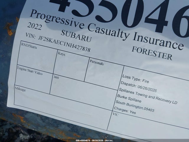 Aukcja sprzedaży 2022 Subaru Forester Premium, vin: JF2SKAEC1NH427838, numer aukcji: 45504678