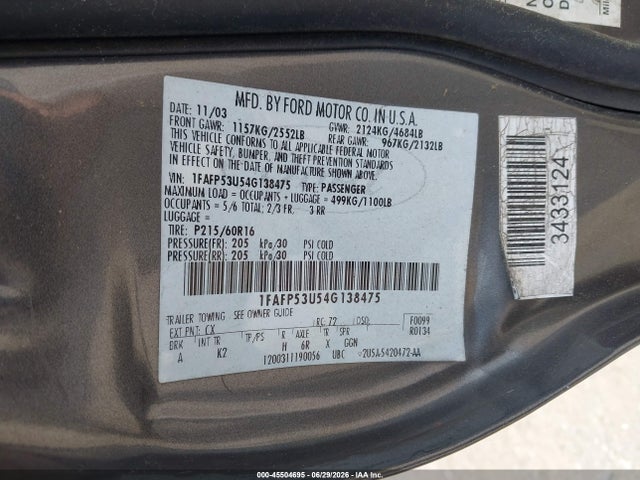 Auction sale of the 2004 Ford Taurus Se, vin: 1FAFP53U54G138475, lot number: 45504695
