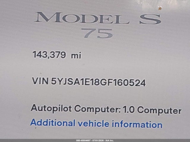 Aukcja sprzedaży 2016 Tesla Model S 60/70/75/85, vin: 5YJSA1E18GF160524, numer aukcji: 45504697