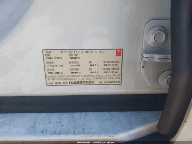 Aukcja sprzedaży 2016 Tesla Model S 60/70/75/85, vin: 5YJSA1E18GF160524, numer aukcji: 45504697