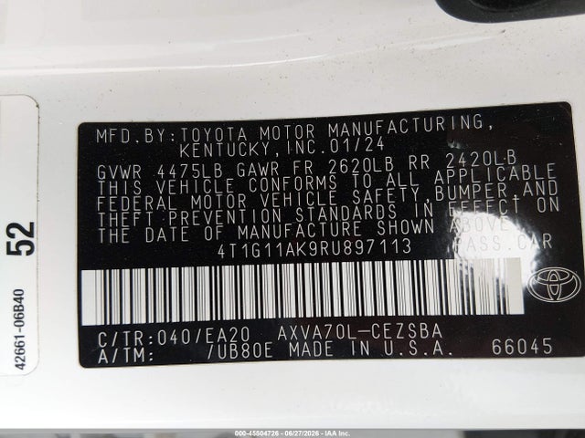 Продажа на аукционе авто 2024 Toyota Camry Se, vin: 4T1G11AK9RU897113, номер лота: 45504726