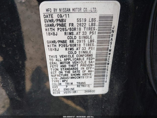 45504727 :رقم المزاد ، JN8AS1MW2CM151314 vin ، 2012 Infiniti Fx35 مزاد بيع