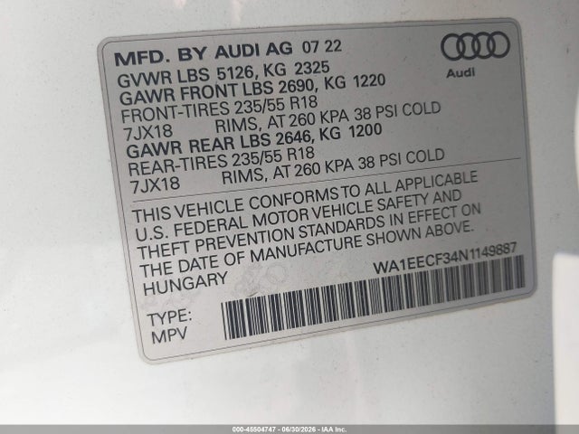 Aukcja sprzedaży 2022 Audi Q3 Premium Plus 45 Tfsi S Line Quattro Tiptronic, vin: WA1EECF34N1149887, numer aukcji: 45504747