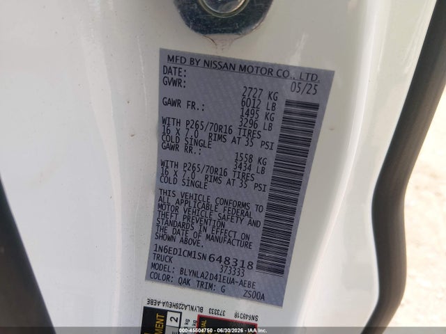 Продаж на аукціоні авто 2025 Nissan Frontier King Cab S 4x4, vin: 1N6ED1CM1SN648318, номер лоту: 45504750